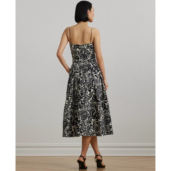 325$ Lauren Ralph Lauren Floral Belted Faille Cocktail Dress Size 4 Black Ivory - Picture 2 of 4